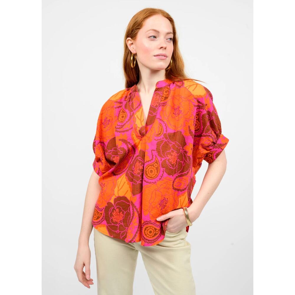 Ivy Jane Pink Orange Floral Bold Paisley V Neck Blouse Cotton Blend EUC S/M - Picture 2 of 10